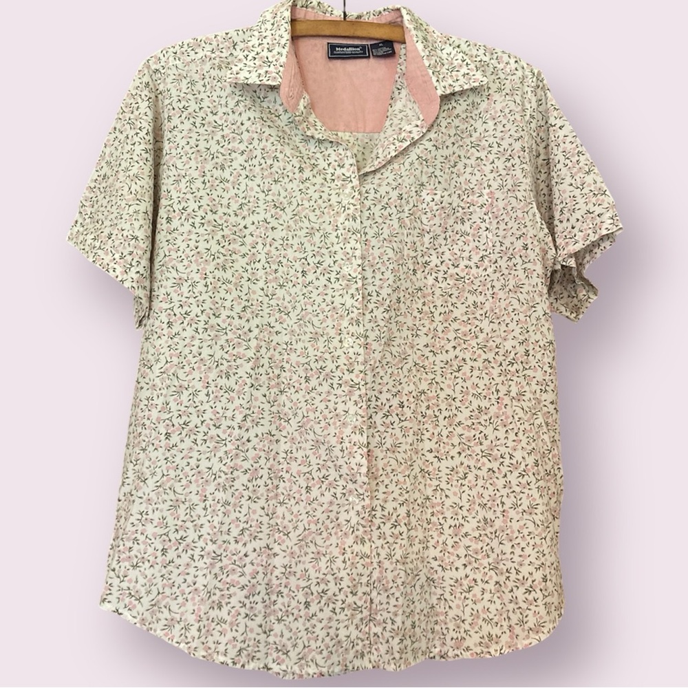 Medallion Shirt - Floral Print - Button Down - Short Sleeves